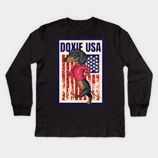 Doxie red white blue patriotic Black Dachshund Walking USA Kids Long Sleeve T-Shirt